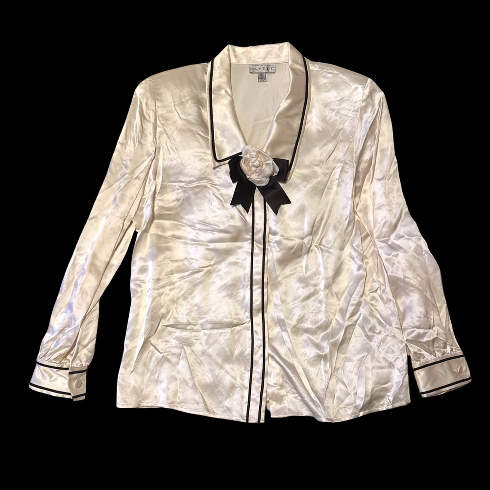 Adrianna Papell 80's 90's Silk Blouse Cream Black Piping Rosette Bow Size 12